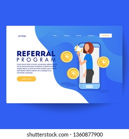 Refer a friend concept vector illustration with woman speaking through megaphone, design illustration for web banner, landing page, template, ui, web, mobile app, poster, banner, flyer