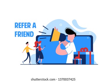 Refer a friend concept. Vector illustration of refferal program, man use megaphone with refer a friend word, use for landing page, ui, web template, mobile app, poster flyer, banner. Business flat.