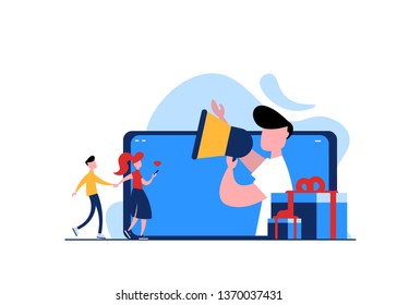 Refer a friend concept. Vector illustration of refferal program, man use megaphone with refer a friend word, use for landing page, ui, web template, mobile app, poster flyer, banner. Business flat.