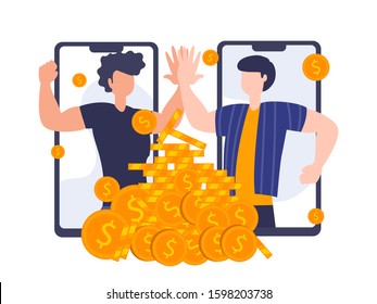 Refer a friend concept. Vector illustration of referral program. People Businessman high five on mobile phone screen. Cooperation work of digital working.