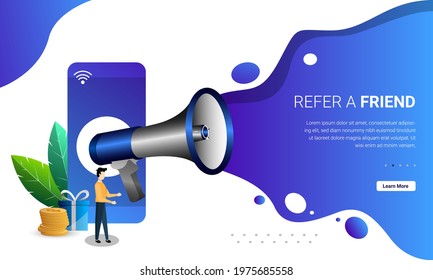 Refer a friend concept, vector illustration people share with megaphone for friends. Good for ui, cover, mobile app, landing page