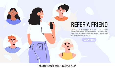 Refer A Friend Concept With Woman Holding Smartphone With Her Friends Social Media Profile Pages Or User Accaunt. Refferal Marketing Strategy  Banner, Landing Page Template, Ui, Web, Banner, Flyer.