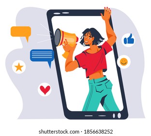 Refer a friend concept with woman makes business promotion shouting on megaphone. Woman on mobile phone screen making advertisement or announcement, flat vector illustration isolated on background.