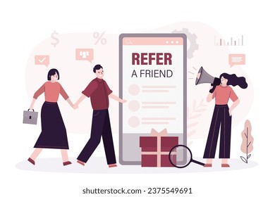 Refer a friend concept. Woman sharing referral code. Refer and earn. Business partnership strategy. Businesswoman use loudspeaker for marketing and promotion campaign social media. vector illustration