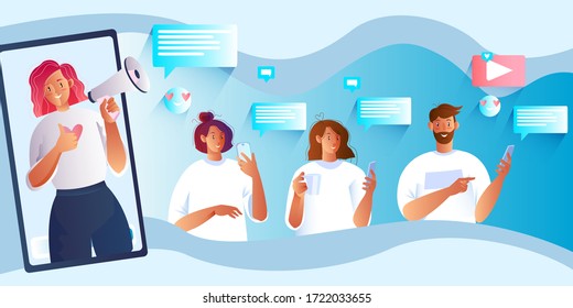 Refer A Friend Concept With Young Redhaired Female Blogger Holding Megaphone. Social Media And Network Banner With Millennials Using Their Smartphones. Online Communication Background.