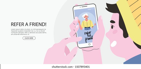 Refer a friend or refer and earn concept with a man holding phone with his friend page or photo. Refferal marketing strategy banner, landing page template, ui, web, mobile app, poster, banner, flyer.