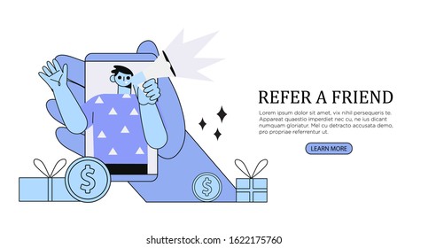 Refer a friend or refer and earn vector illustration. Hand holding smartphone with a man shouting in loud speaker. Refferal marketing and social media promotion banner, ad, ui, web, poster, flyer.