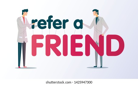 Refer a Friend flat color vector illustration. Social media marketing. Social network advertising concept. Referral program element. Social media promotion concept. UI/UX/GUI mockup.