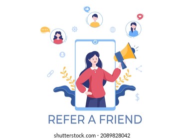 Refer a Friend Flat Design Illustration with Megaphone on Screen Mobile Phone and Social Media Marketing for Friends via Banner, Background or Poster