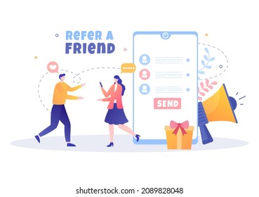 Refer a Friend Flat Design Illustration with Megaphone on Screen Mobile Phone and Social Media Marketing for Friends via Banner, Background or Poster