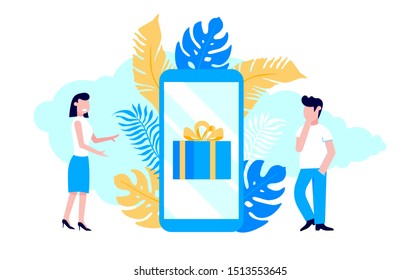 Refer a friend flat style design vector illustration isolated on white background. Woman talking to the people, man and smartphone with gift box on it.