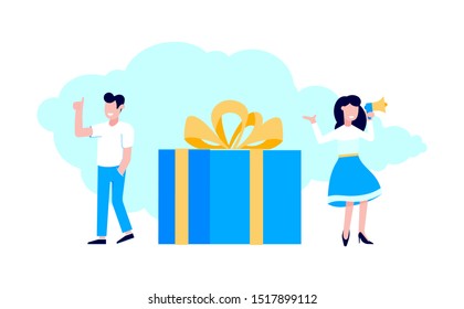 Refer a friend flat style design vector illustration isolated on white background. Woman with megaphone shout out to the people, man with thumb up and big gift box.