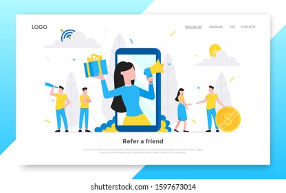 Refer a friend flat style design vector illustration landing page concept. Woman with megaphone and gift box standin up in the smartphone and shout out to the people.