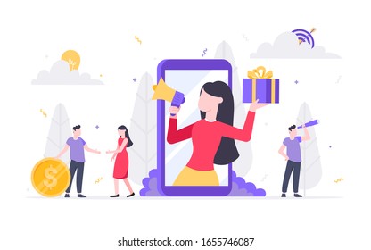 Refer a friend flat style design vector illustration isolated on white background. Woman with megaphone and gift box standin up in the smartphone and shout out to the people.