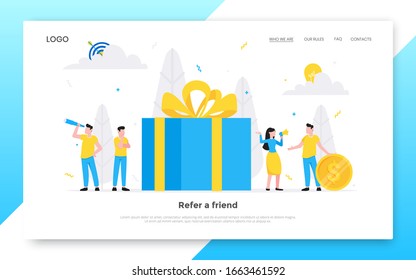 Empfehlen Sie einem Freund flach Design Vektorillustration Illustration Landing Page Konzept. Frauen mit Megaphon und Geschenkbox stehen auf dem Smartphone und rufen die Leute an.