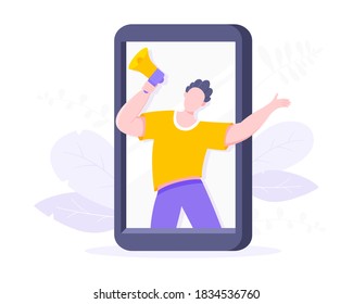 Refer a friend flat style design vector illustration business concept. Man with megaphone stands in the smartphone and shout out to the people.