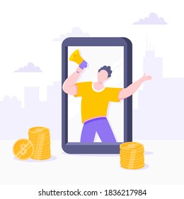 Refiérase a un concepto de negocio de diseño de diseño de estilo plano de amigo. Hombre con megáfono parado en el smartphone y grito a la gente.