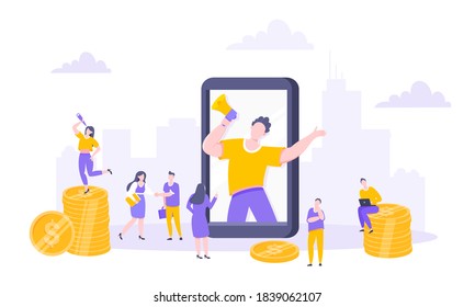 Refer a friend flat style design vector illustration business concept. Man with megaphone stands in the smartphone and shout out to the people.
