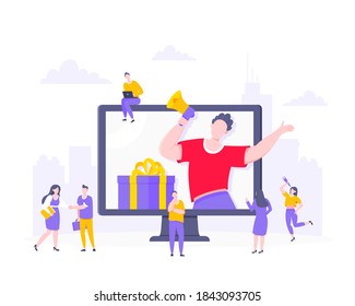 Refer a friend flat style design vector illustration business concept. Man with megaphone stands in the pc monitor and shout out to the people.