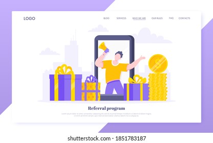 Refer a friend flat style design vector illustration business concept. Man with megaphone stands in the pc monitor and shout out to the people web template.
