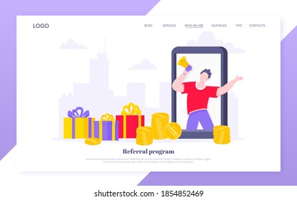 Refer a friend flat style design vector illustration business concept. Man with megaphone stands in the pc monitor and shout out to the people web template.