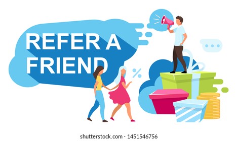 Consulte la ilustración portadora plana de un amigo. Recompensas de remisión, bonificaciones. Estrategia de atracción del cliente, programas de fidelidad. Referencia, concepto de caricatura de marketing influyente. Marcador con caracteres de clientes