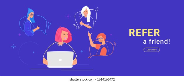 Refer a friend flat vector illustration of happy teenage woman using laptop to invite friends for community or social media. Young teenagers in the speech bubbles gesturing and happy to join a team