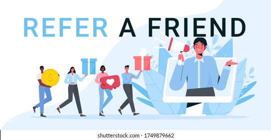 Refiérase a una ilustración vectorial plana de Amigo. Programa de referencia y marketing en medios sociales, método de promoción. El hombre grita sobre el megáfono y atrae a los clientes por dinero y regalos.