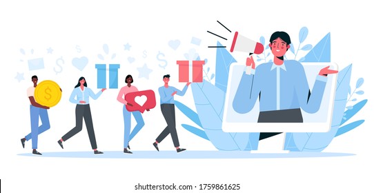 Refer A Friend flat vector illustration. Referral program and social media marketing, promotion method. Man shout on megaphone and attracts customers for money and gifts.