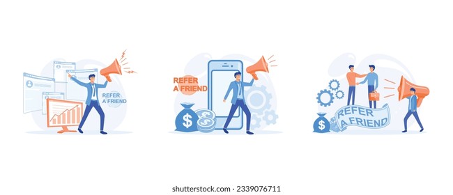 Refer a friend. friendship promotion and offering, People share info about referral and earn money, Refer a friend and get rewarded ,  set flat vector modern illustration