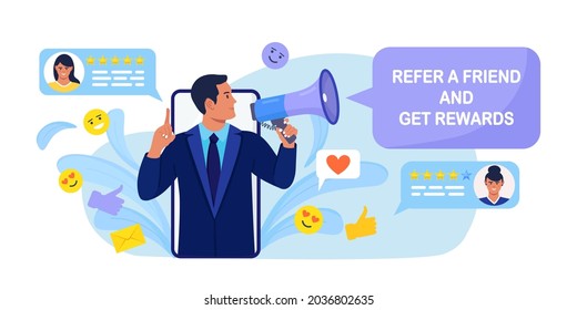 Refer a friend, get awards. Man with megaphone invites his friends to referral program. Internet communication, social media marketing for friends, news, social network. Vector illustration