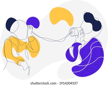Refer a Friend Get Rewarded vector illustration, the concept of men and women talking using a tin telephone, perfect for web landing pages, banners, presentations, posters, social media marketing