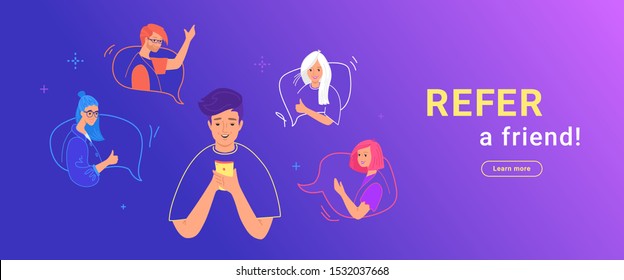 Refer a friend gradient vector illustration of happy teenage man using smartphone to invite his friends for community or social media. Young teenagers in the speech bubbles gesturing and happy to join