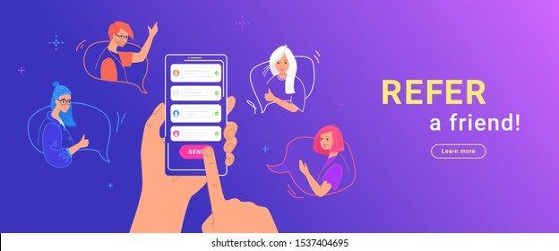 Refer a friend gradient vector illustration of human hand holds smartphone to invite friends for community or social media. Young teenagers in the speech bubbles gesturing and happy to join