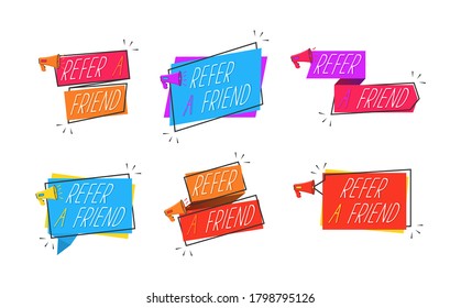 Refer a friend icons isolated on white background. Refer a friend set of marketing design badges with loudspeaker. Referral program marketing badges with megaphone. Vector illustration, eps 10.