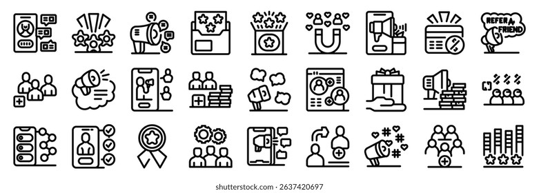  Refer friend icons set. Referral program empowering businesses to expand their reach by leveraging effective marketing strategies