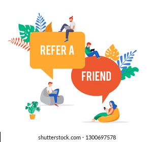 Refer a friend illustration. Big megaphone with a team work. Concept media for landing page, template, ui, website