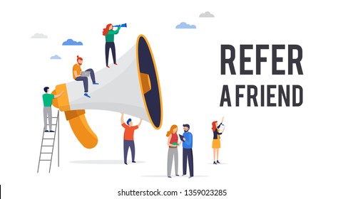 Refer a friend illustration. Big megaphone with a team work. Concept media for landing page, template, user interface UI, website