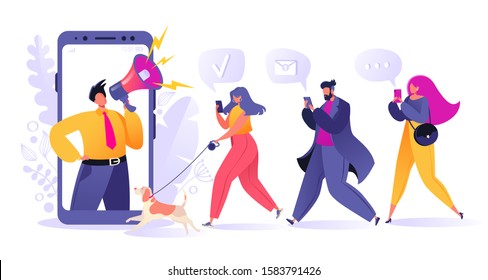 Refer a friend, influencer, marketing, social media, promotion and SMM concept. Cartoon flat style vector illustration for internet advertisement. Man with megaphone and young people with mobile phone