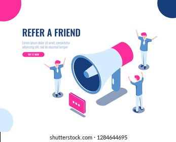 Refer a friend isometric icon, people team in promotion, advertising, teamwork and collective work concept, cartoon flat vector illustration