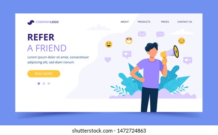 Refer a friend landing page with man holding megaphone. Promotion, advertising, announcement concept illustration. Vector illustration in flat style.