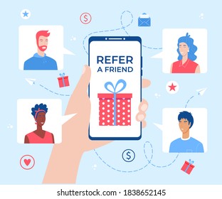 Refer a friend lettering. Smartphone with gift box in hand. Vector illustration. Referral program concept.
