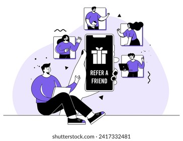 Refiera a un programa de fidelidad de amigos ilustración plana, Man grita en megáfono, marketing de referencia, programa de fidelidad de amigos, método de promoción, asociación de afiliados y ganar dinero, estrategia de marketing, 