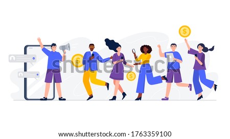 Refer A Friend loyalty program. Group of people or customers are holding phones and join the referral program. Trendy flat vector illustration for banners, landing page template, mobile app.