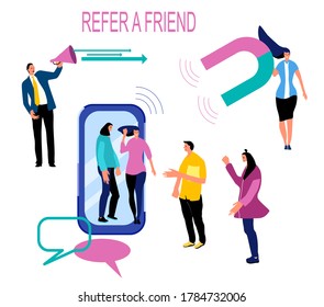 Empfehlen Sie ein Freundschaftsprogramm, Promotion-Methode. Gruppe von Leuten, die das Smartphone verlassen. Der Manager zieht Kunden mit Megaphon und großem Magneten an. Social Media Marketing Strategy.Web Design Vektorgrafik