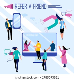 Refer a friend loyalty program, promotion method.Social media marketing strategy. Profiles of people on Internet,new clients.Manager attracts customers with megaphone and huge magnet.Web design vector
