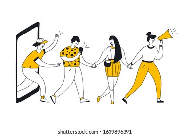 Refer a friend loyalty program, referral marketing and promotion method. Group of people, users or customers holding hands and walking out of giant mobile phone display. Flat line vector illustration.