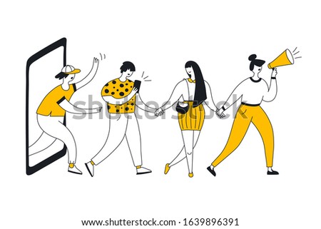 Refer a friend loyalty program, referral marketing and promotion method. Group of people, users or customers holding hands and walking out of giant mobile phone display. Flat line vector illustration.
