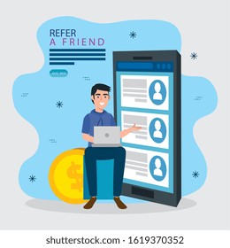refer a friend with man and smartphone vector illustration design