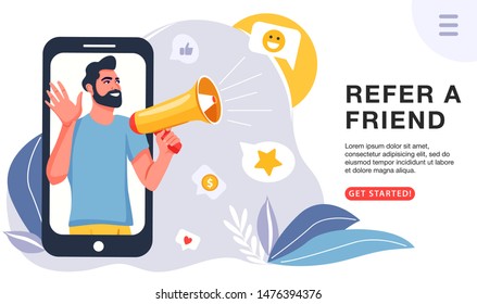 Refer a friend marketing concept. Man with a megaphone invites his friends to referral program. Social communication, social media marketing for friends. Landing page template. Vector.